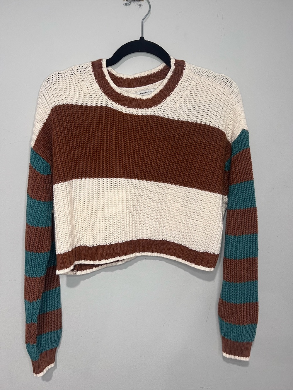 American Eagle Cropped Striped Crewneck Sweater Cream, Brown & Teal Size XS